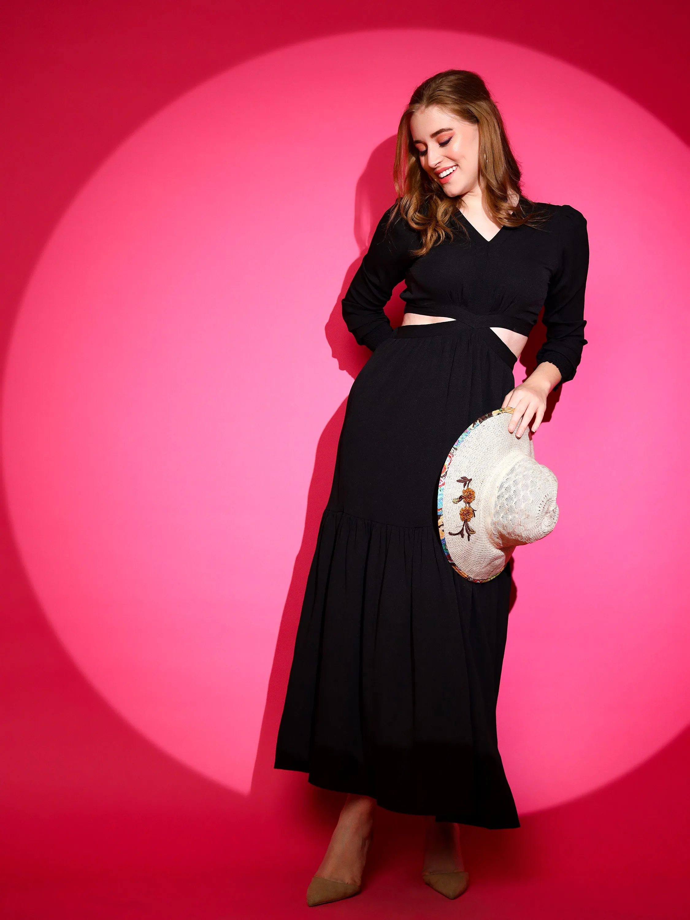 Trendset Solid V-Neck Maxi Waist Cut Out Dress