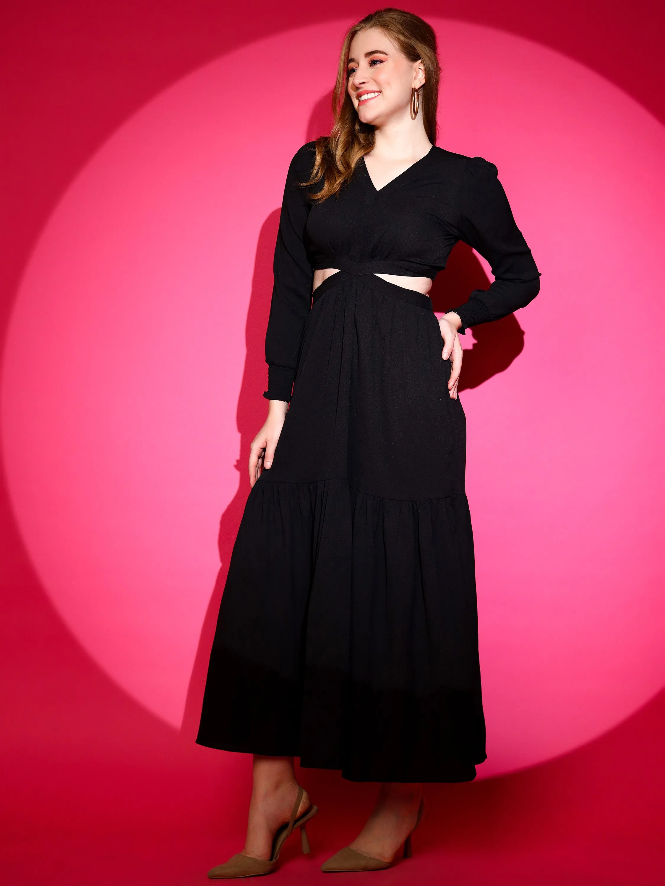 Trendset Solid V-Neck Maxi Waist Cut Out Dress