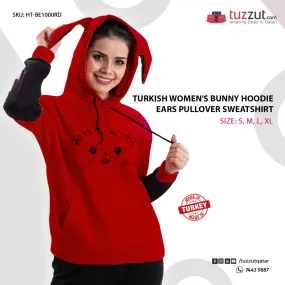 Turkish Women's Bunny Hoodie Ears Pullover Sweatshirt-Red
