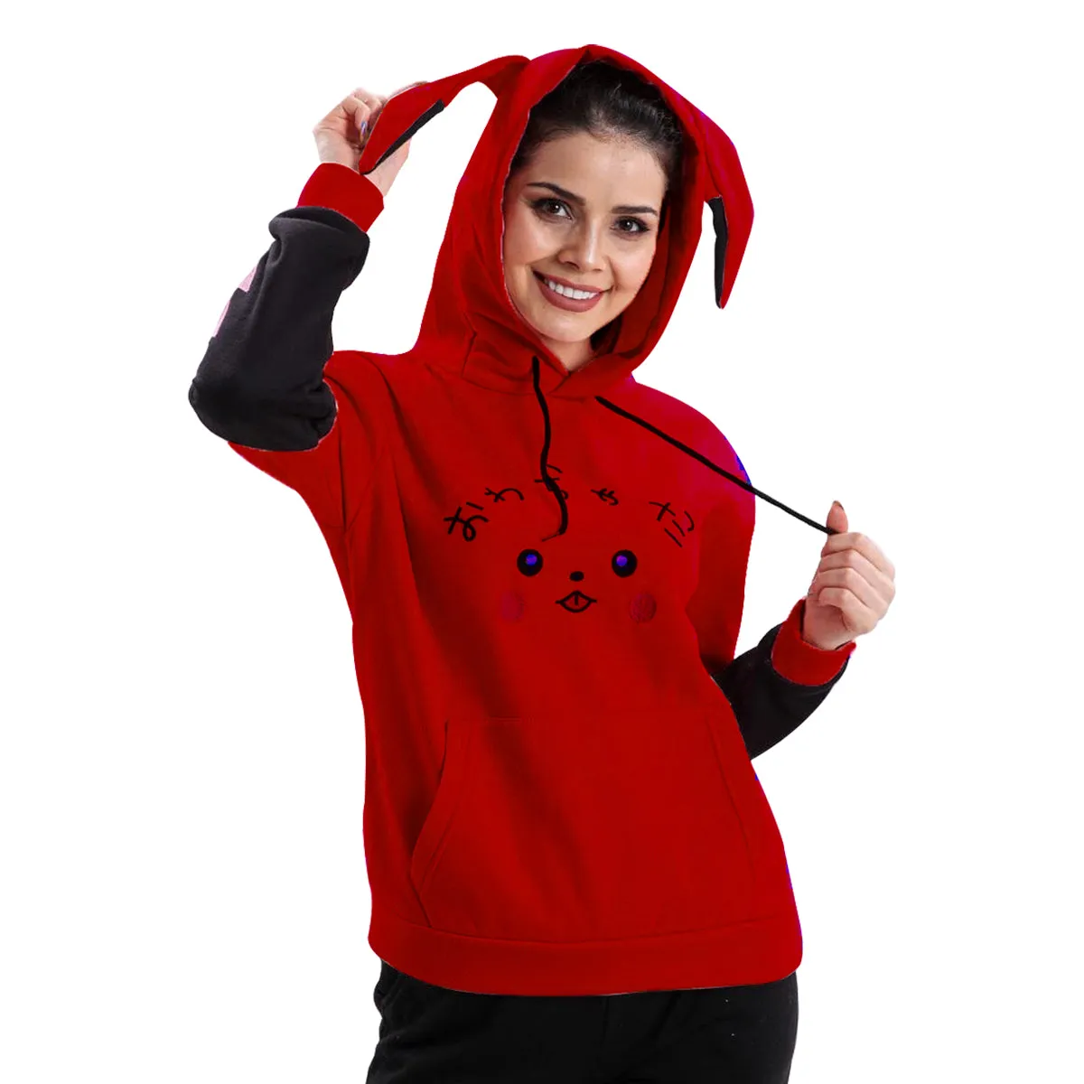 Turkish Women's Bunny Hoodie Ears Pullover Sweatshirt-Red