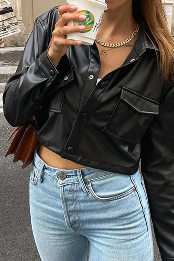 Turndown Collar PU Leather Short Jacket Coat