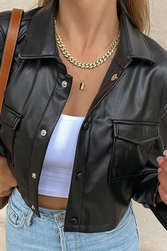 Turndown Collar PU Leather Short Jacket Coat