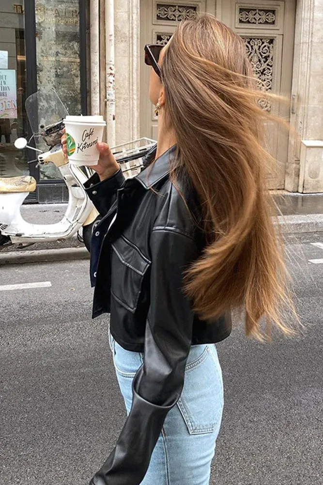 Turndown Collar PU Leather Short Jacket Coat