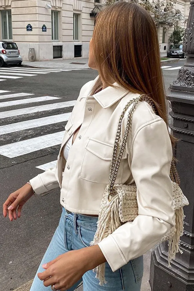 Turndown Collar PU Leather Short Jacket Coat