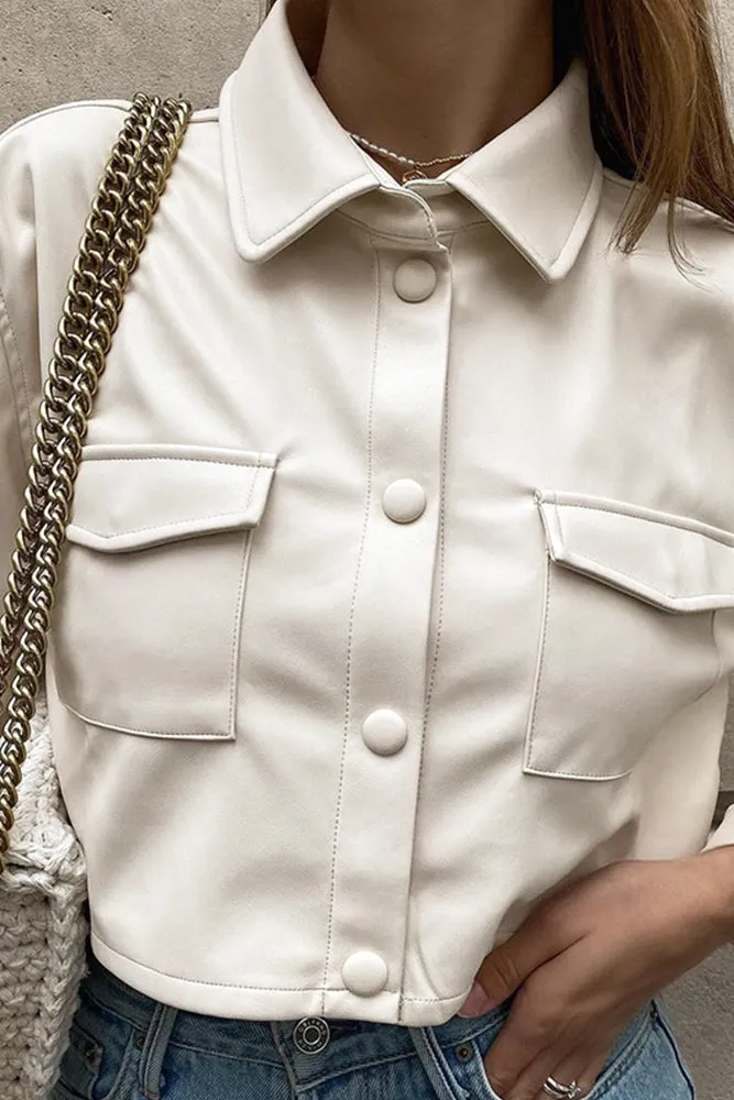Turndown Collar PU Leather Short Jacket Coat