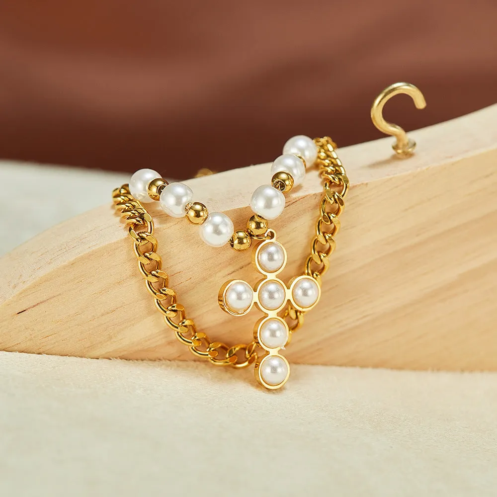Two Layer Stacked Pearl Cross Pendant Necklace