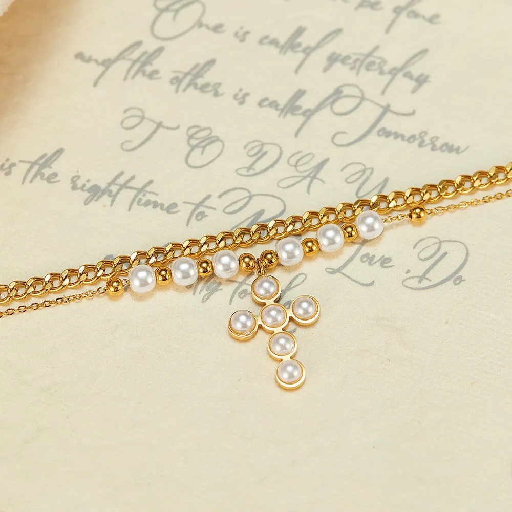 Two Layer Stacked Pearl Cross Pendant Necklace