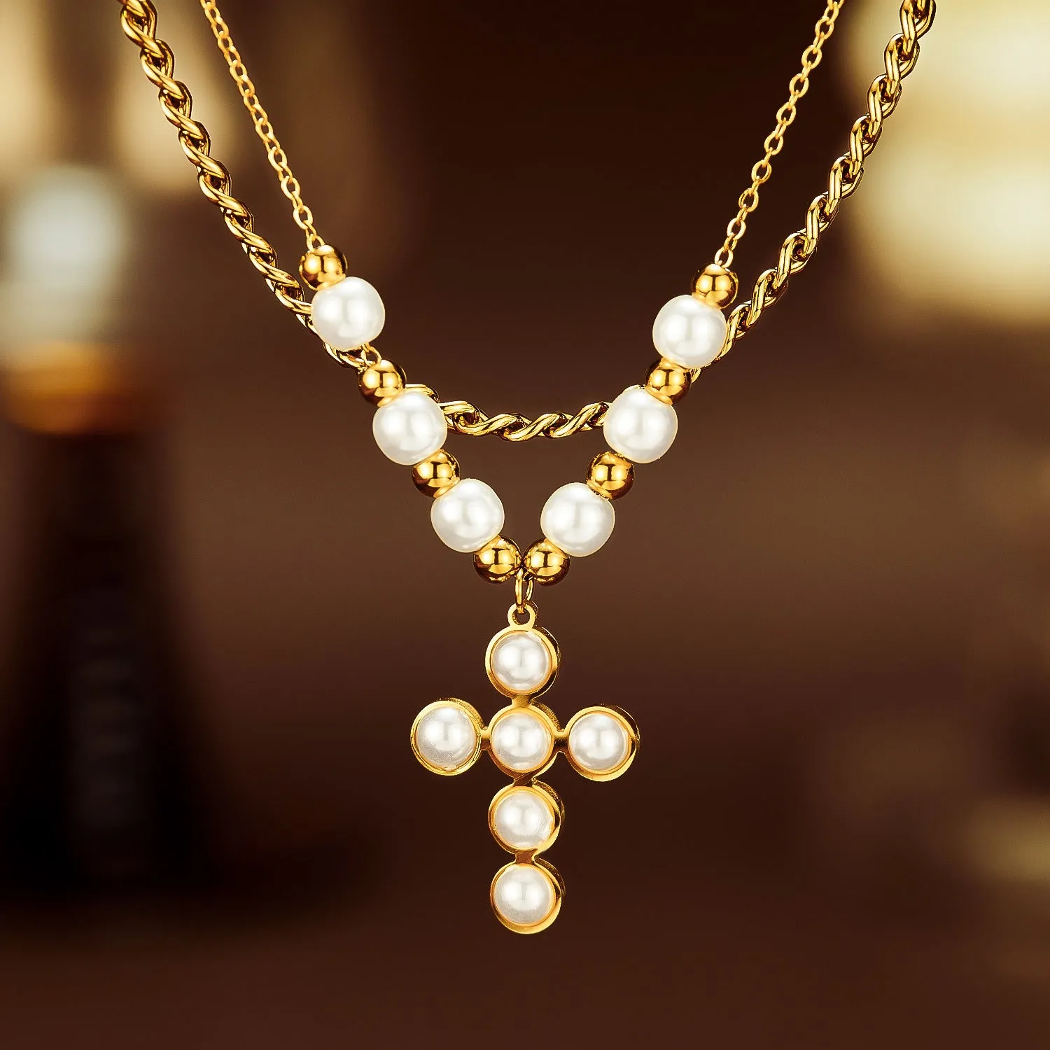 Two Layer Stacked Pearl Cross Pendant Necklace
