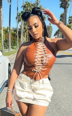 Vegan Leather belted halter top