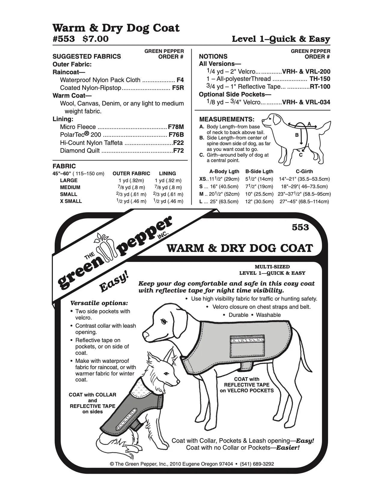 Warm & Dry Dog Coat PDF Pattern - 553 - The Green Pepper Patterns