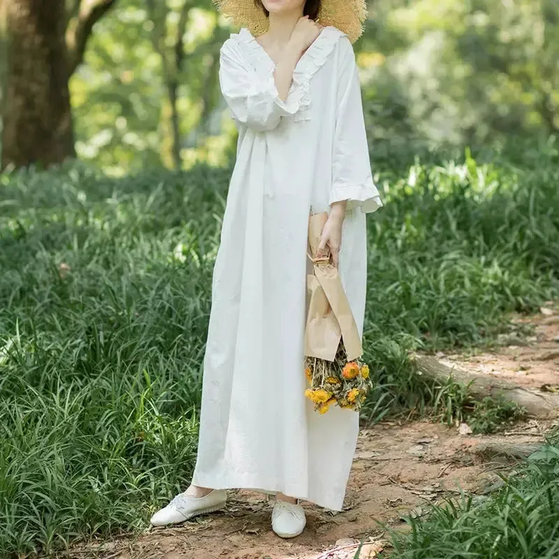 White Linen Dress V-neck Princess Dress with Nine-point Sleeves