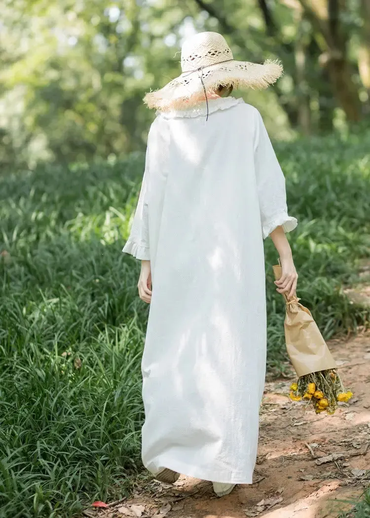White Linen Dress V-neck Princess Dress with Nine-point Sleeves