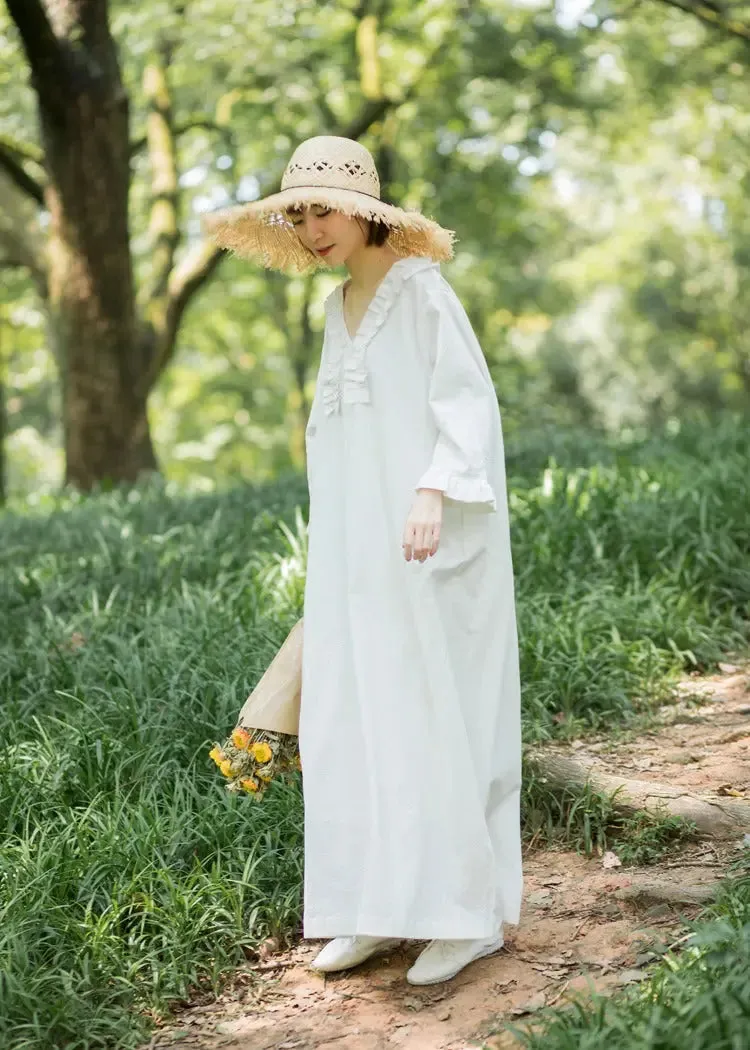 White Linen Dress V-neck Princess Dress with Nine-point Sleeves