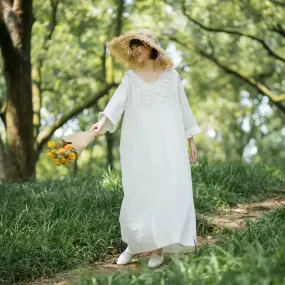 White Linen Dress V-neck Princess Dress with Nine-point Sleeves