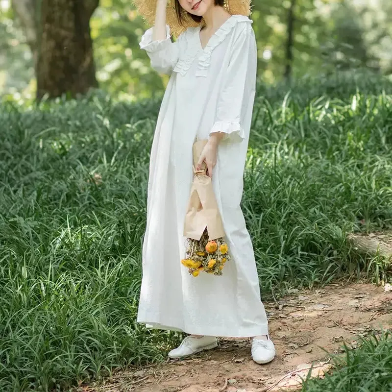 White Linen Dress V-neck Princess Dress with Nine-point Sleeves