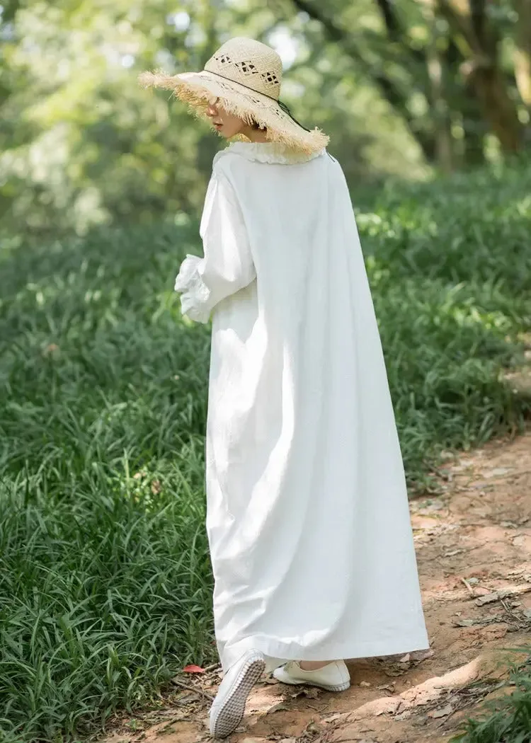 White Linen Dress V-neck Princess Dress with Nine-point Sleeves