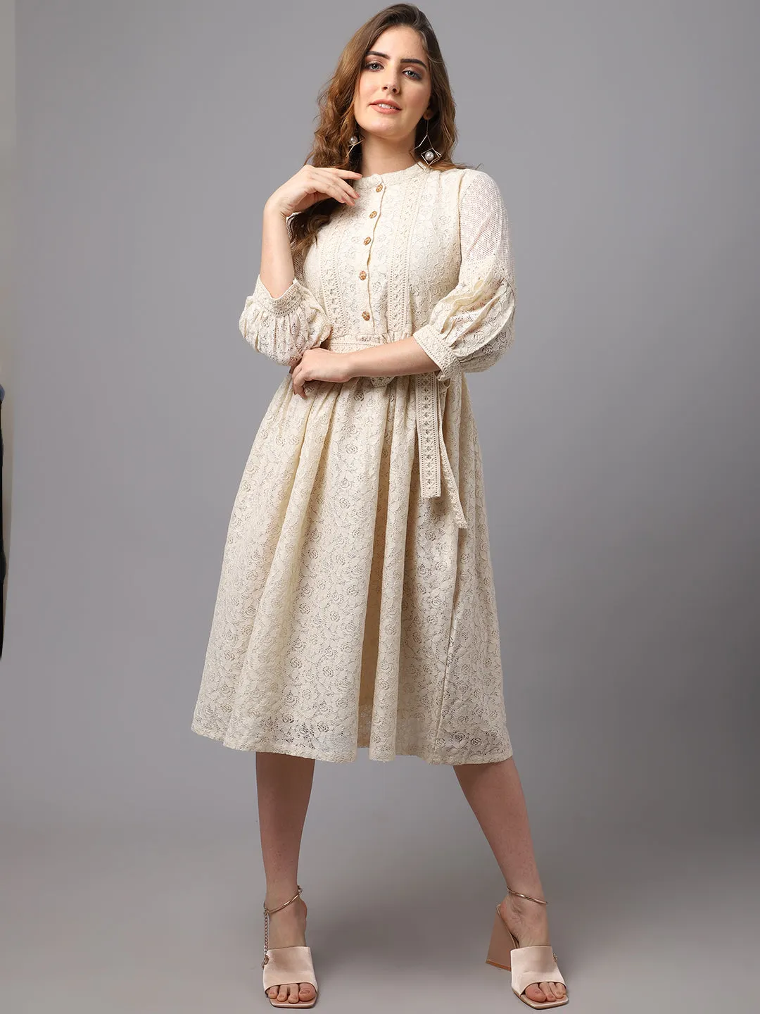 Women Schiffli Fabric Dress With Stylish Sleeve.