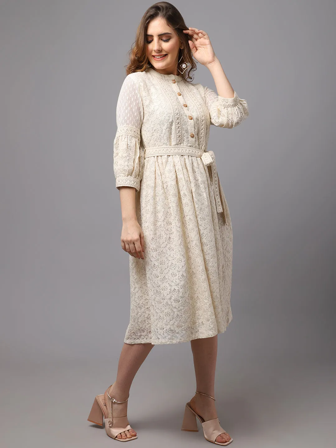 Women Schiffli Fabric Dress With Stylish Sleeve.