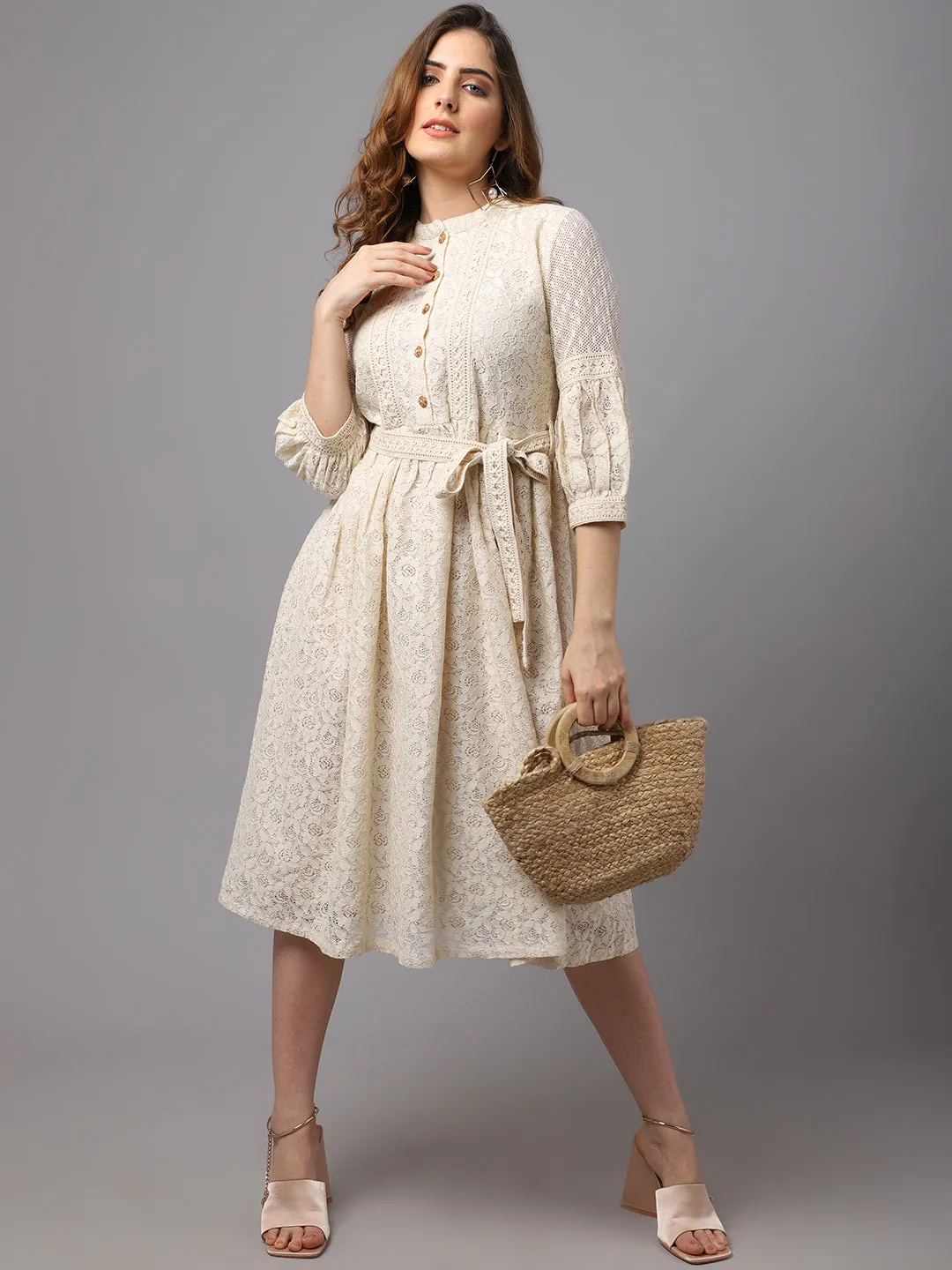 Women Schiffli Fabric Dress With Stylish Sleeve.