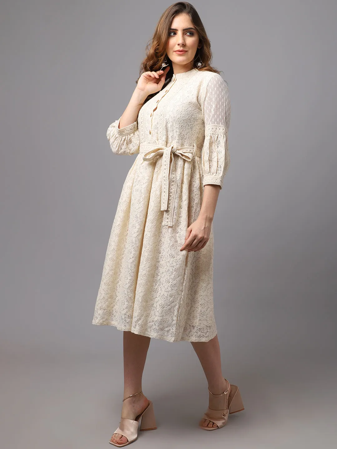 Women Schiffli Fabric Dress With Stylish Sleeve.
