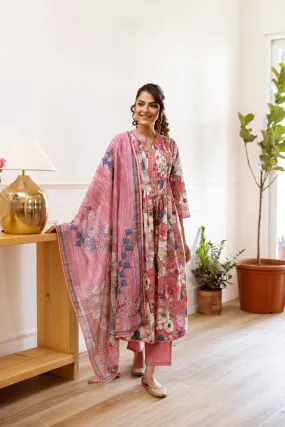 Women's Pink cotton Kurta Pant and Dupatta Set