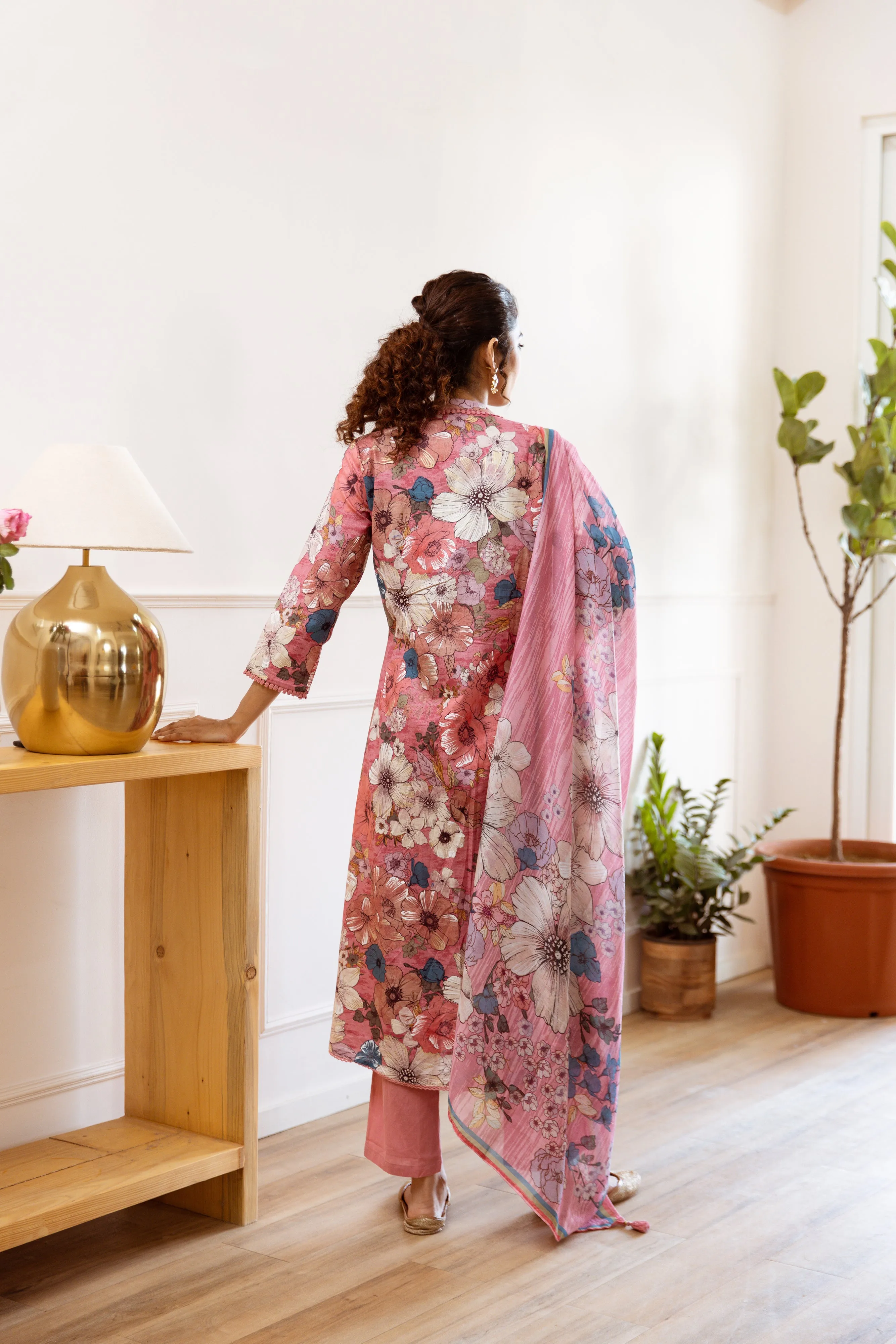 Women's Pink cotton Kurta Pant and Dupatta Set
