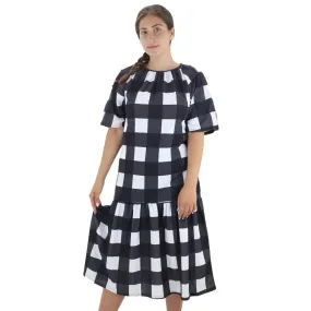 Women's Plaid Ruffle Hem Oversized Dress,White/Black