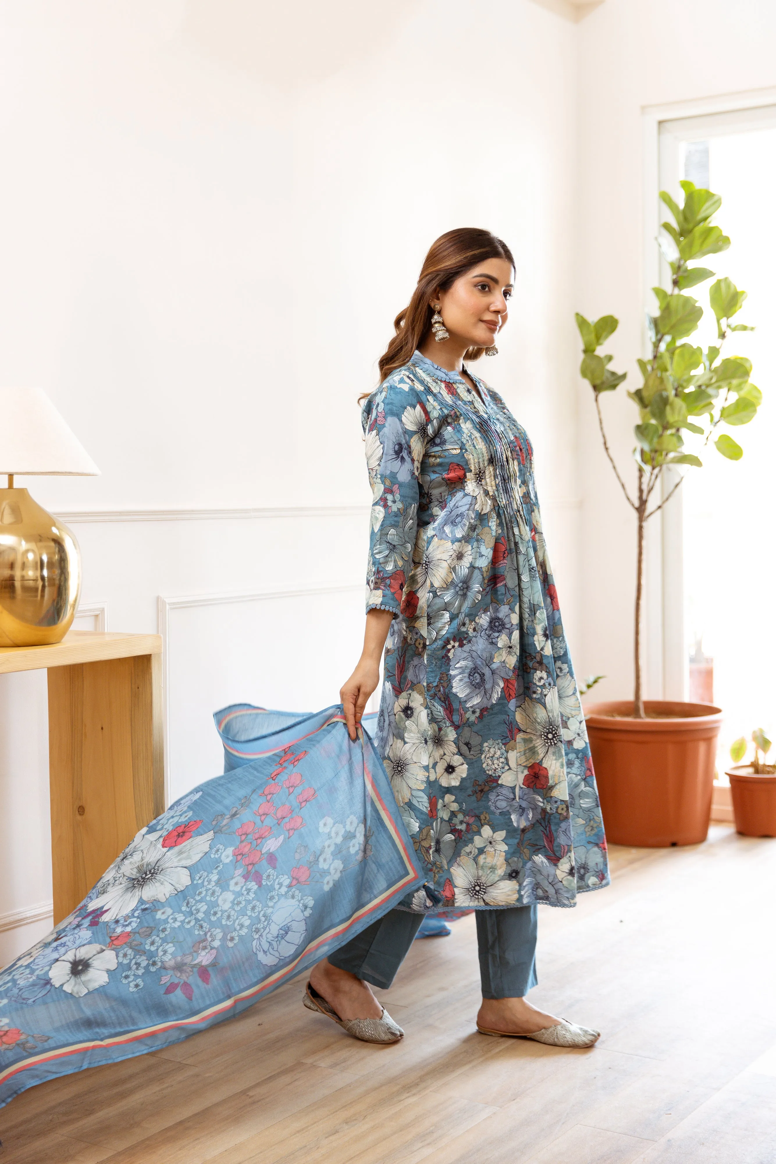 Women's Sky Blue cotton Kurta Pant and Dupatta Set