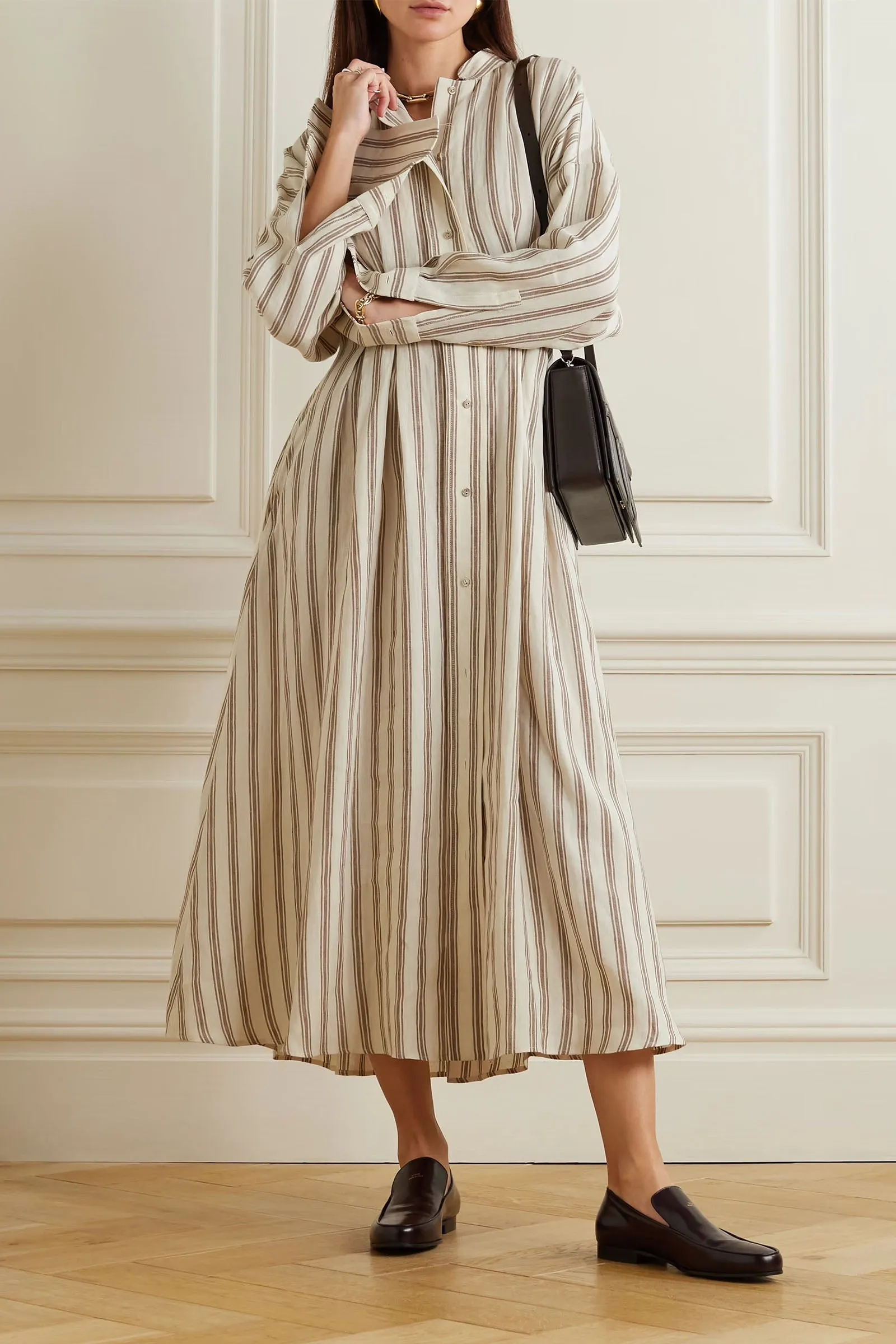 Yole Striped Linen Midi Shirt Dress